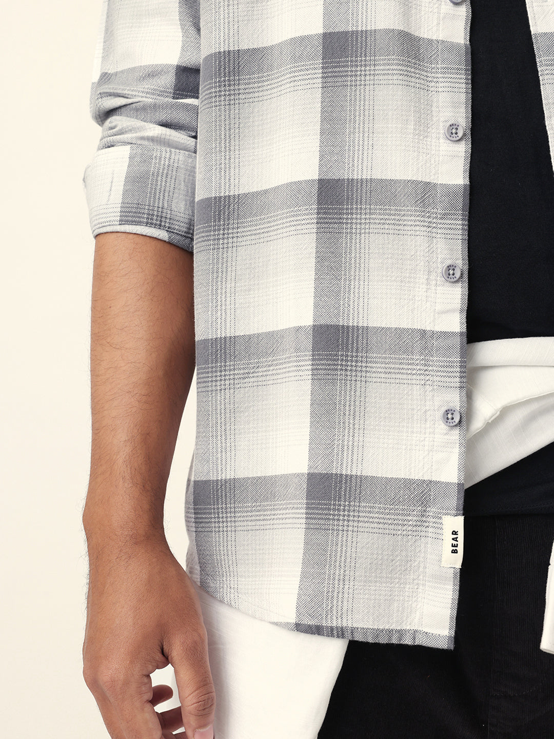 Grey with White Woven Checkered Slim Fit Casual Shirt