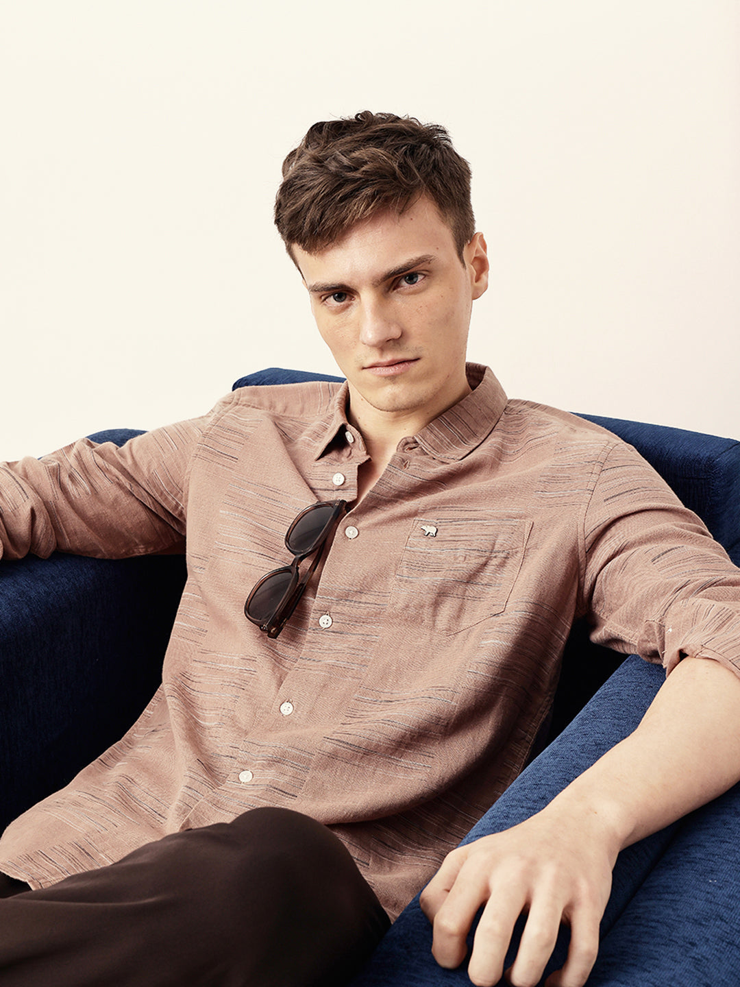 Brown Woven Patch Block Check Slim Fit Casual Shirt