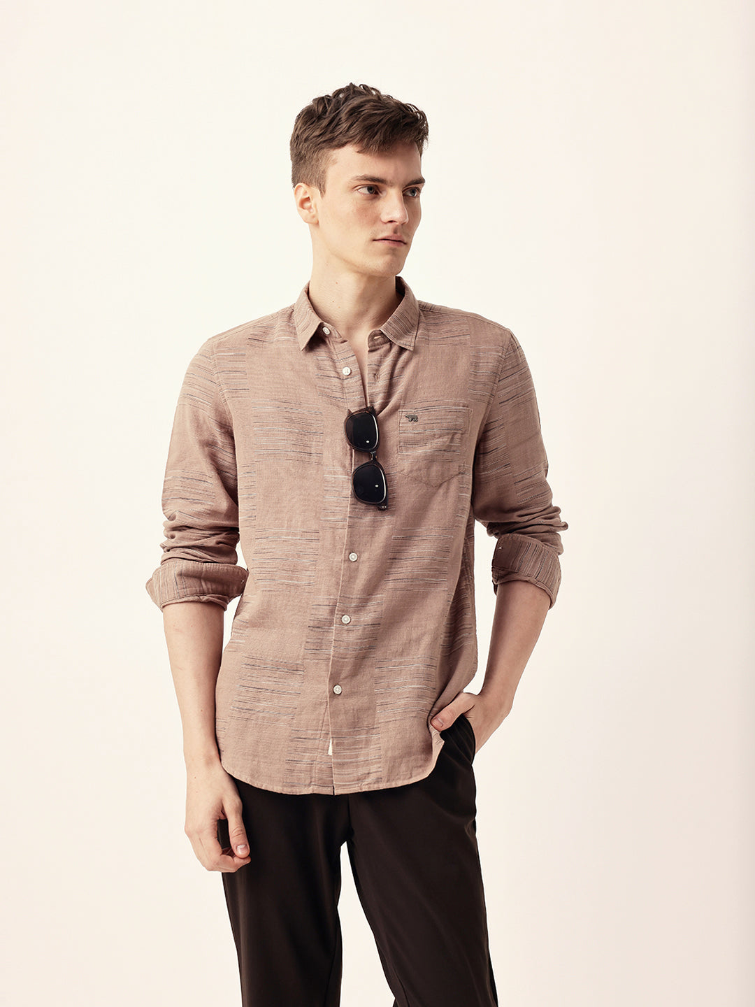 Brown Woven Patch Block Check Slim Fit Casual Shirt