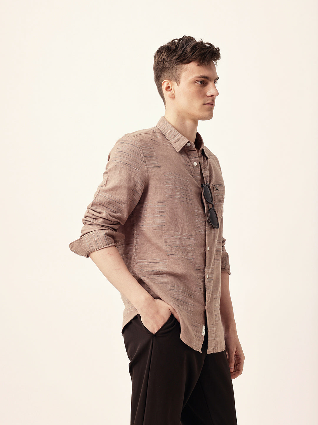 Brown Woven Patch Block Check Slim Fit Casual Shirt