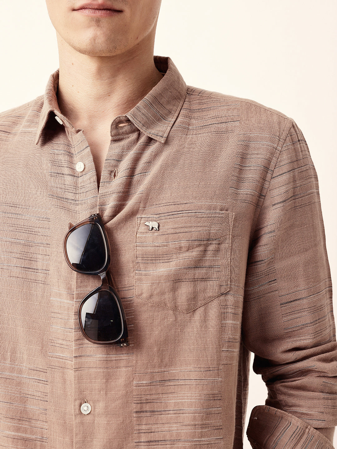 Brown Woven Patch Block Check Slim Fit Casual Shirt
