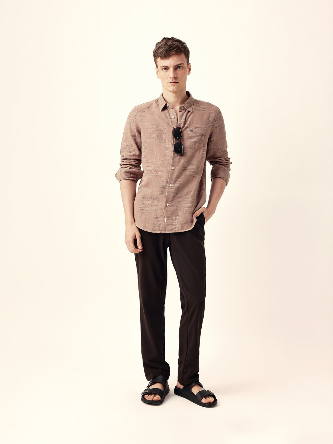 Brown Woven Patch Block Check Slim Fit Casual Shirt