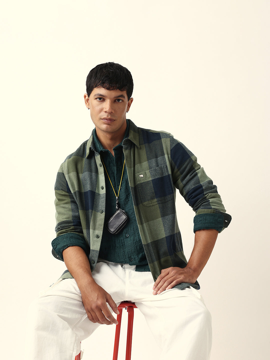 Green with Navy Blue Flannel Checked Regular Fit Overshirt