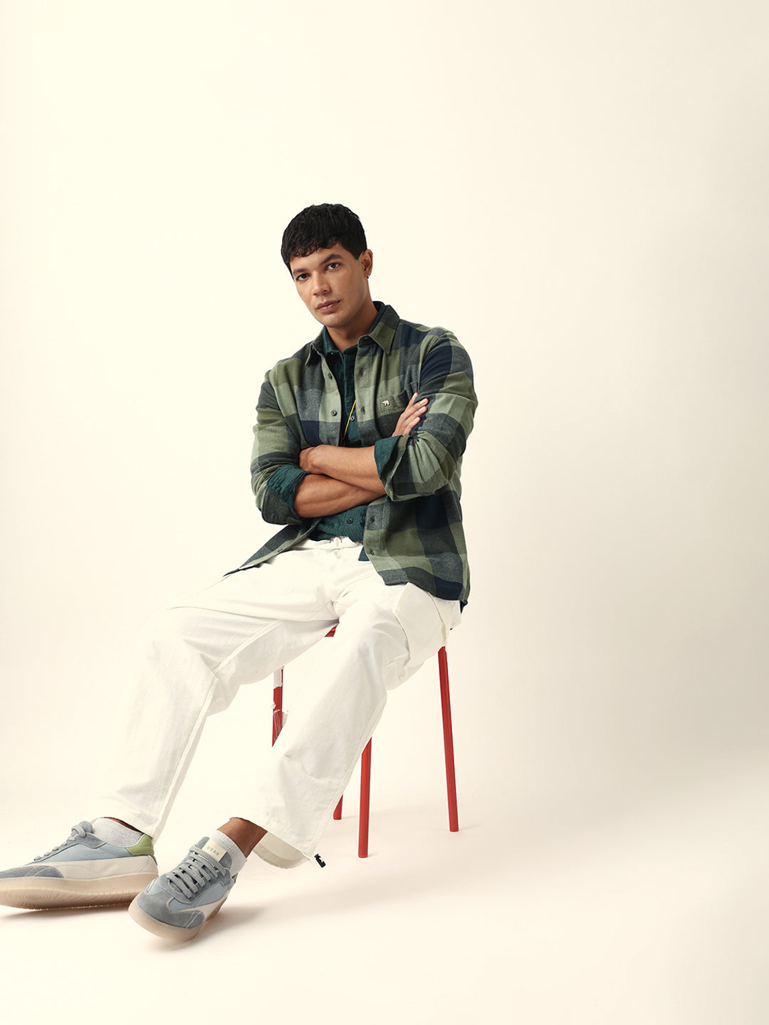 Green with Navy Blue Flannel Checked Regular Fit Overshirt