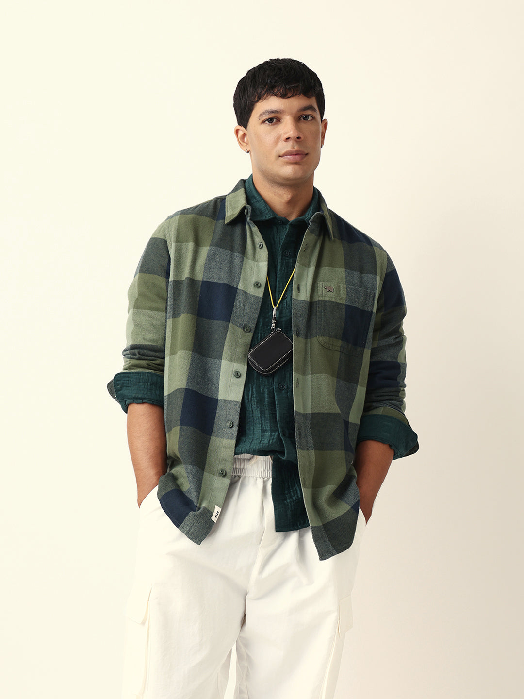 Green with Navy Blue Flannel Checked Regular Fit Overshirt