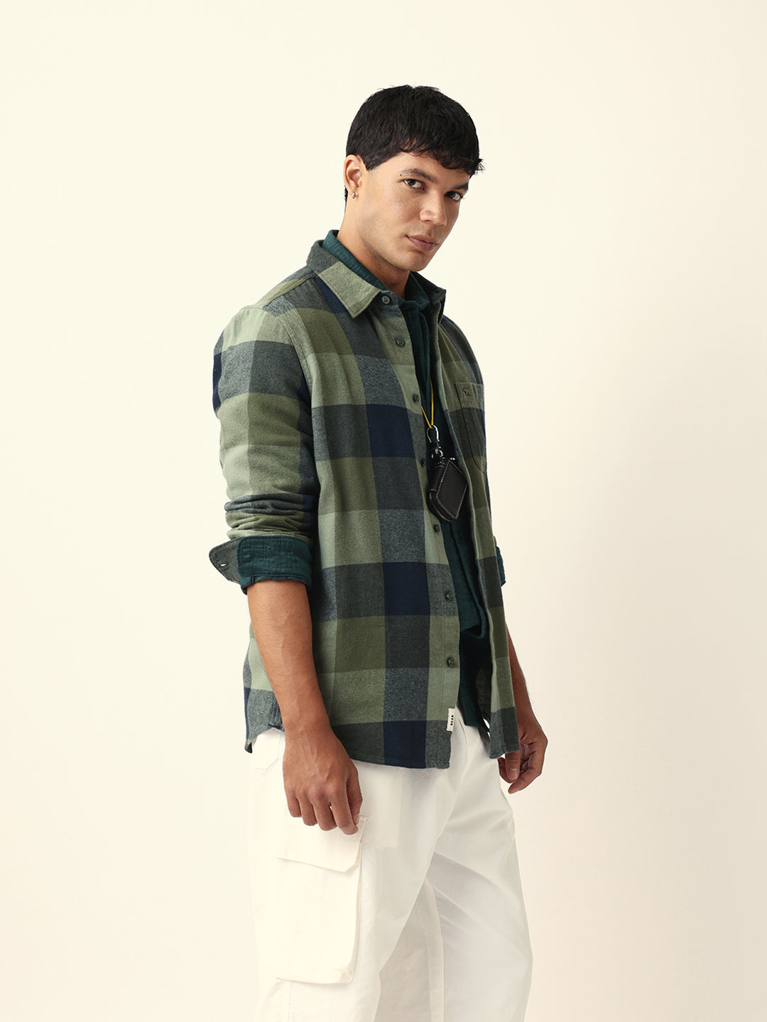 Green with Navy Blue Flannel Checked Regular Fit Overshirt