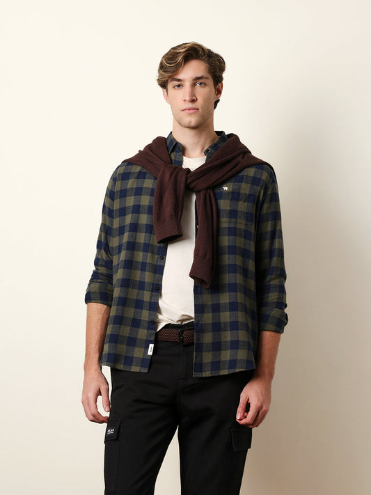 Olive & Navy Blue Buffalo Check Flannel Slim Fit Casual Shirt