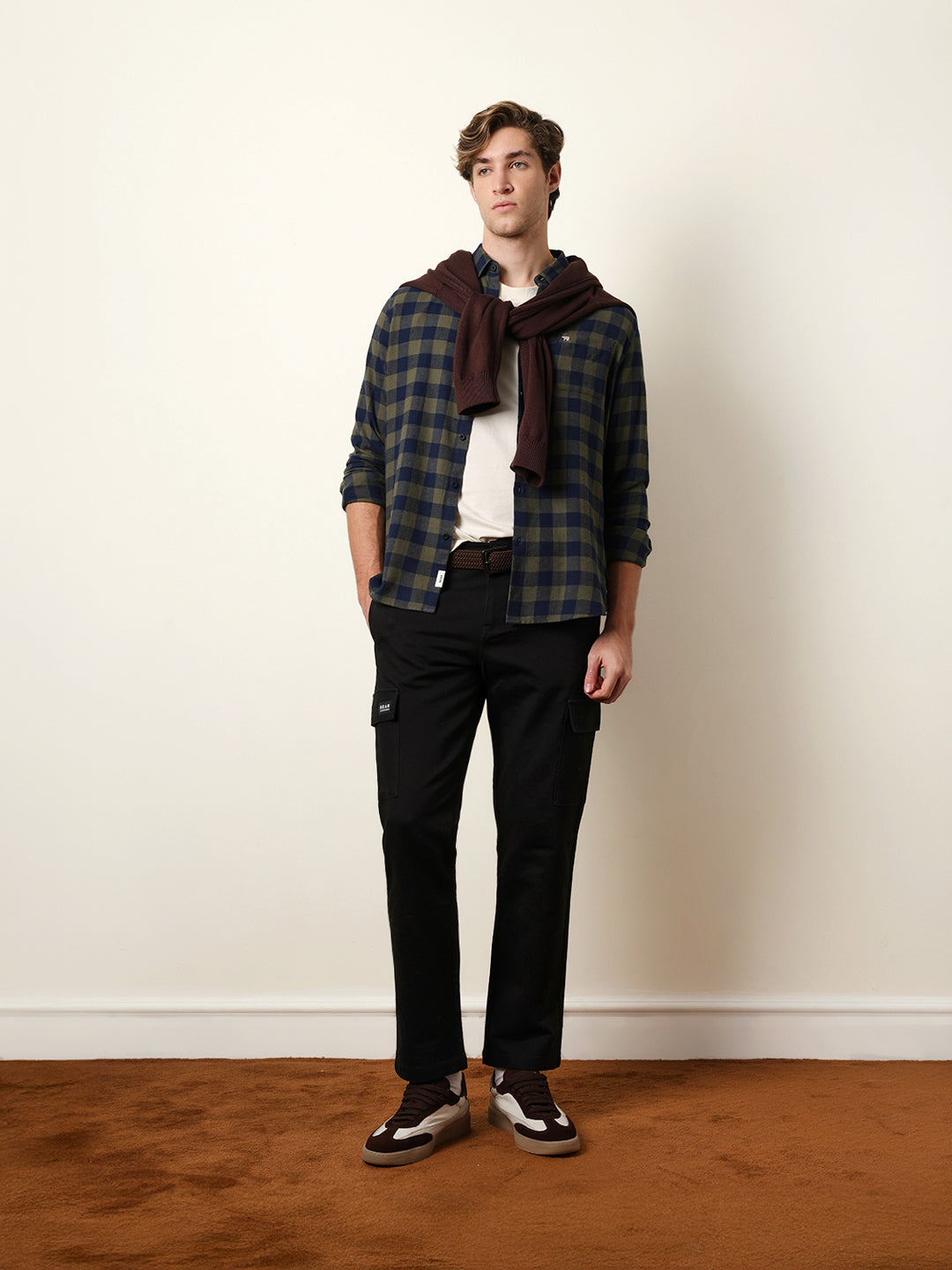 Olive & Navy Blue Buffalo Check Flannel Slim Fit Casual Shirt