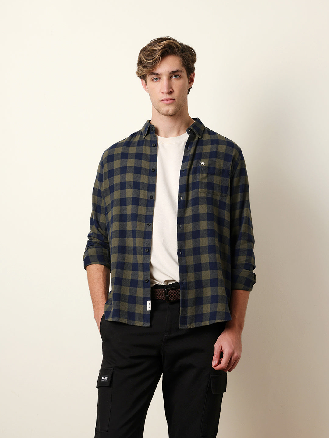 Olive & Navy Blue Buffalo Check Flannel Slim Fit Casual Shirt
