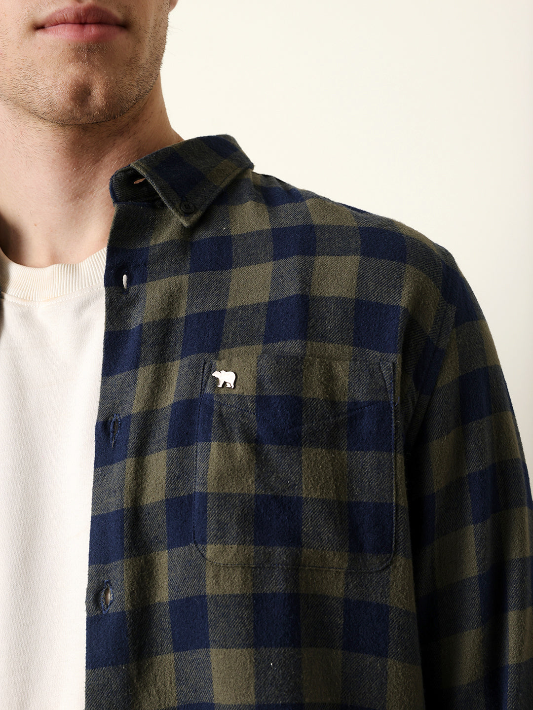 Olive & Navy Blue Buffalo Check Flannel Slim Fit Casual Shirt