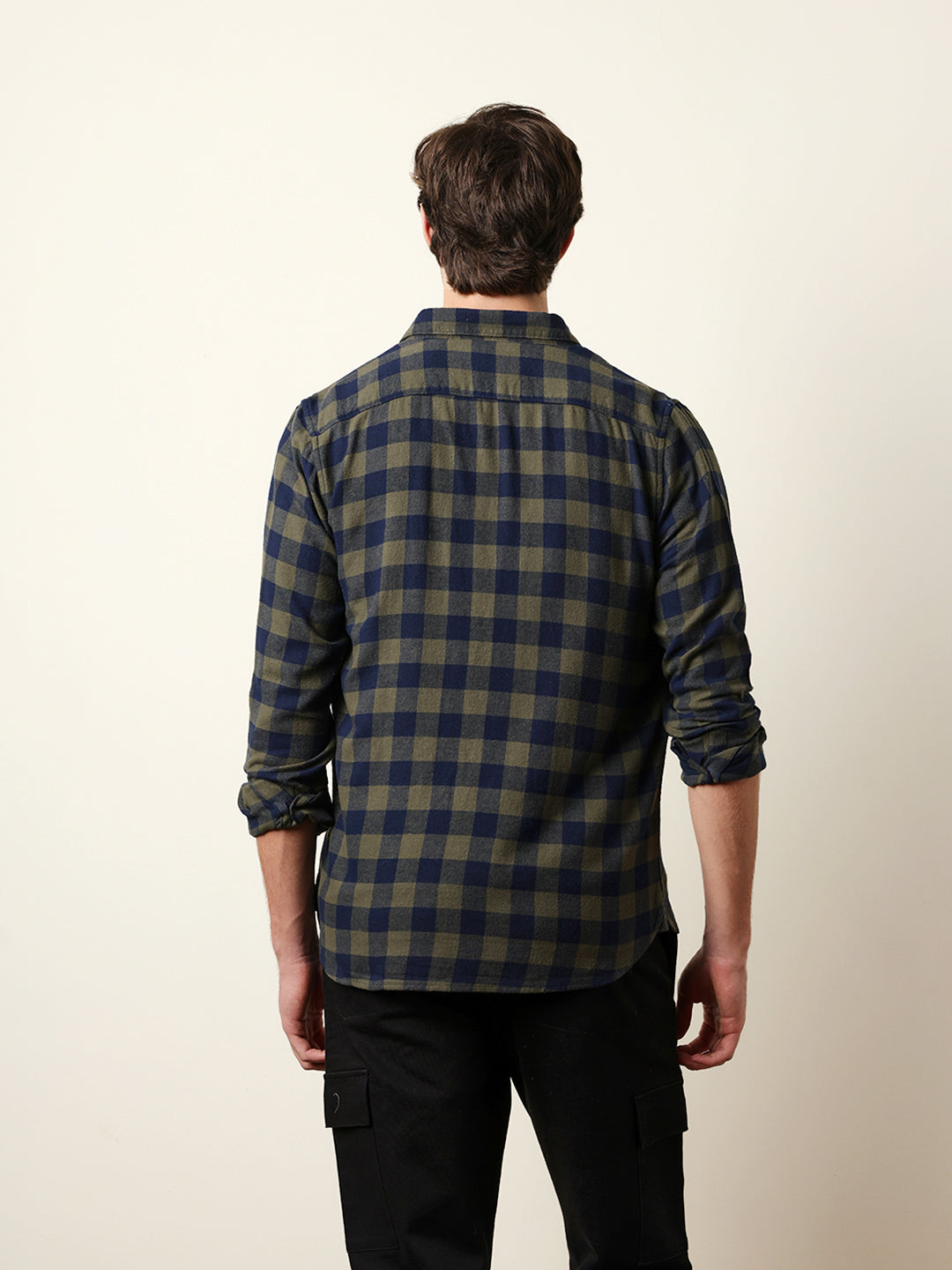 Olive & Navy Blue Buffalo Check Flannel Slim Fit Casual Shirt