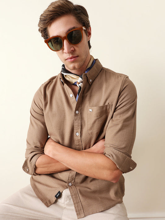 Beige Solid Slim Fit Cotton Casual Shirt
