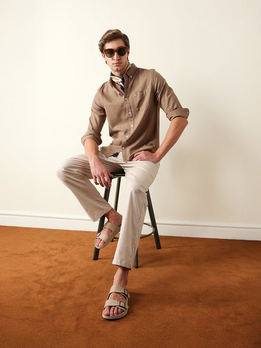 Beige Solid Slim Fit Cotton Casual Shirt