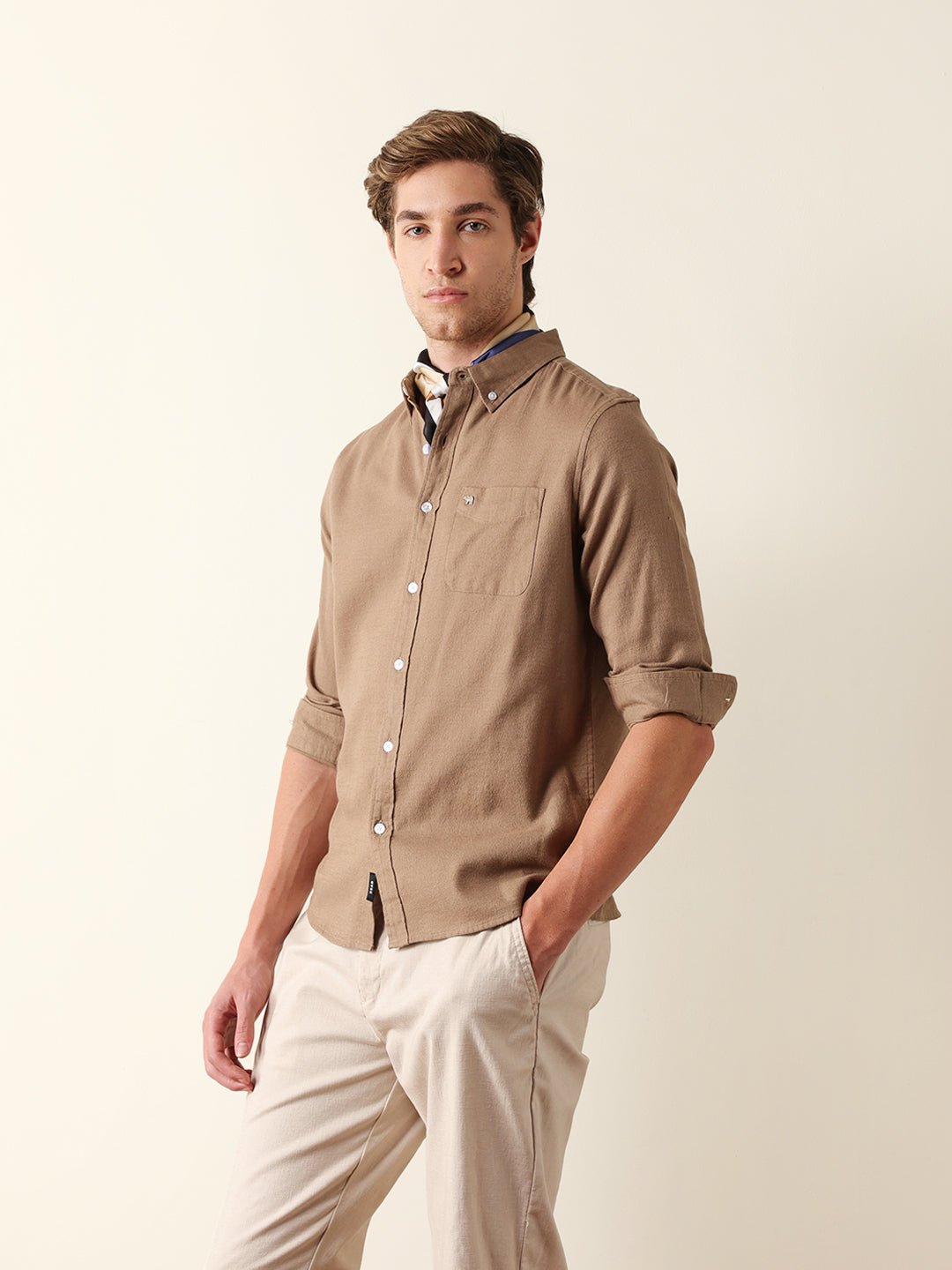 Beige Solid Slim Fit Cotton Casual Shirt