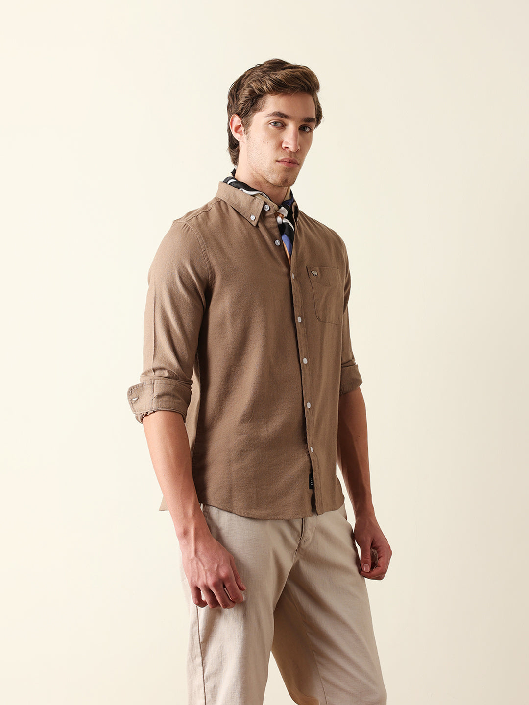 Beige Solid Slim Fit Cotton Casual Shirt