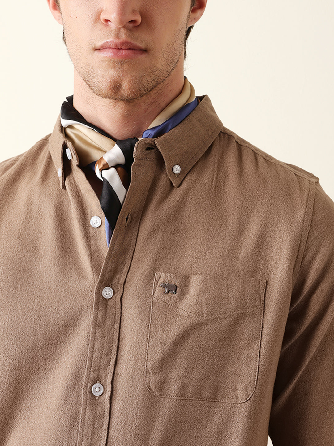 Beige Solid Slim Fit Cotton Casual Shirt