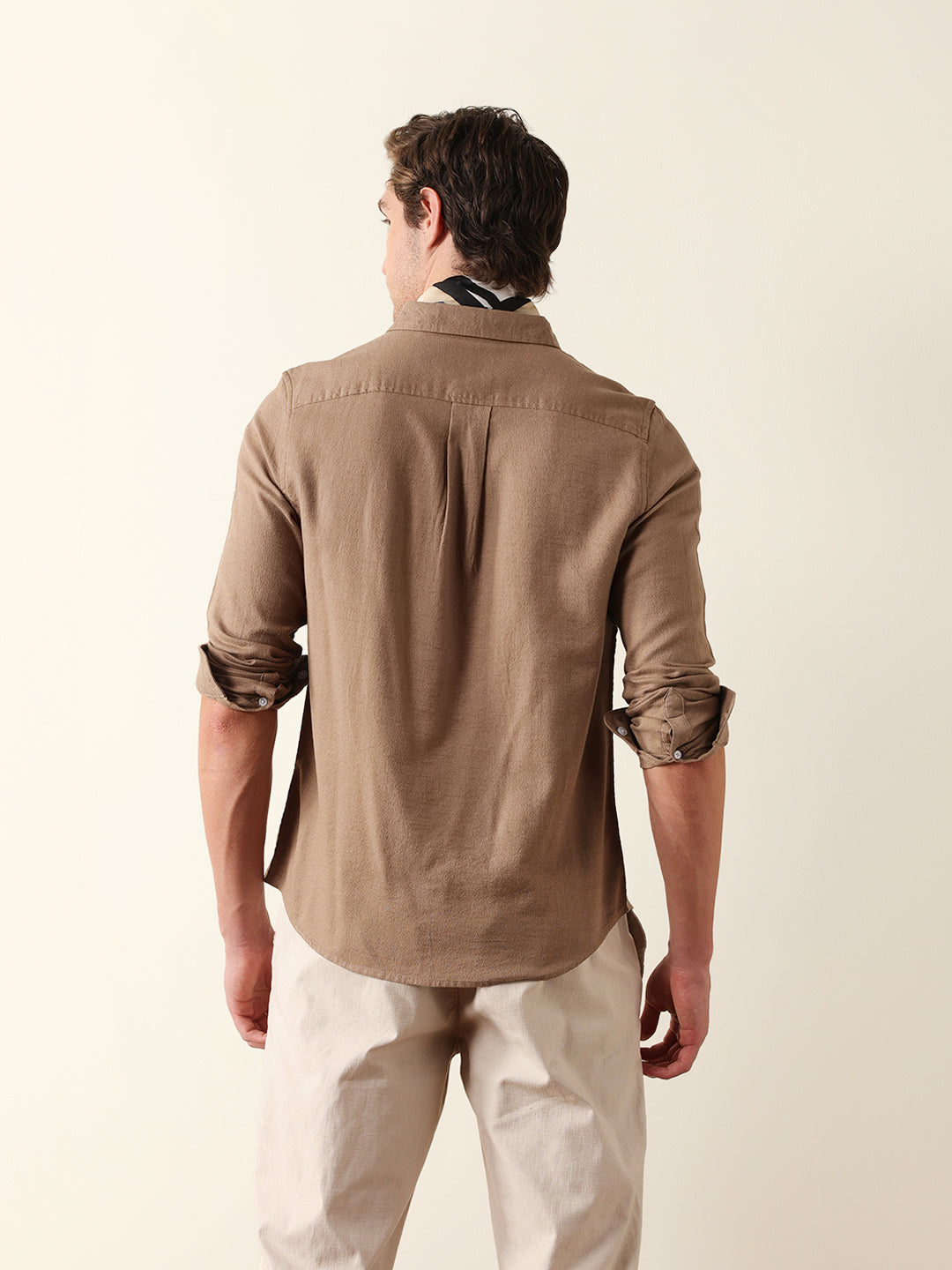 Beige Solid Slim Fit Cotton Casual Shirt