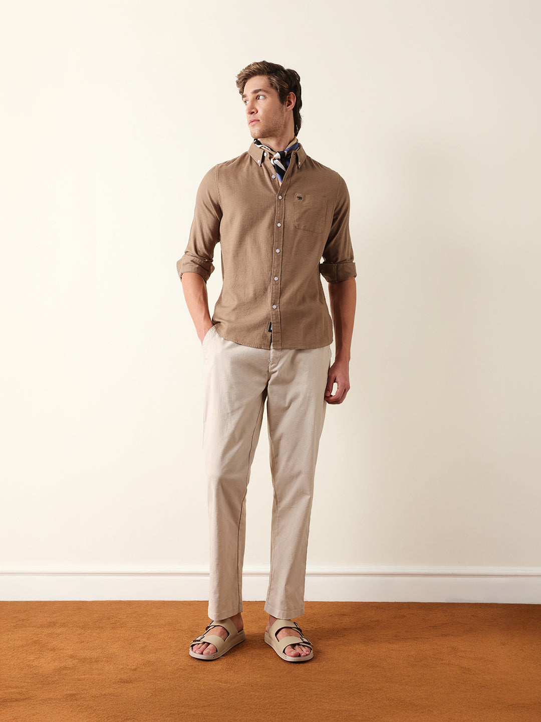 Beige Solid Slim Fit Cotton Casual Shirt
