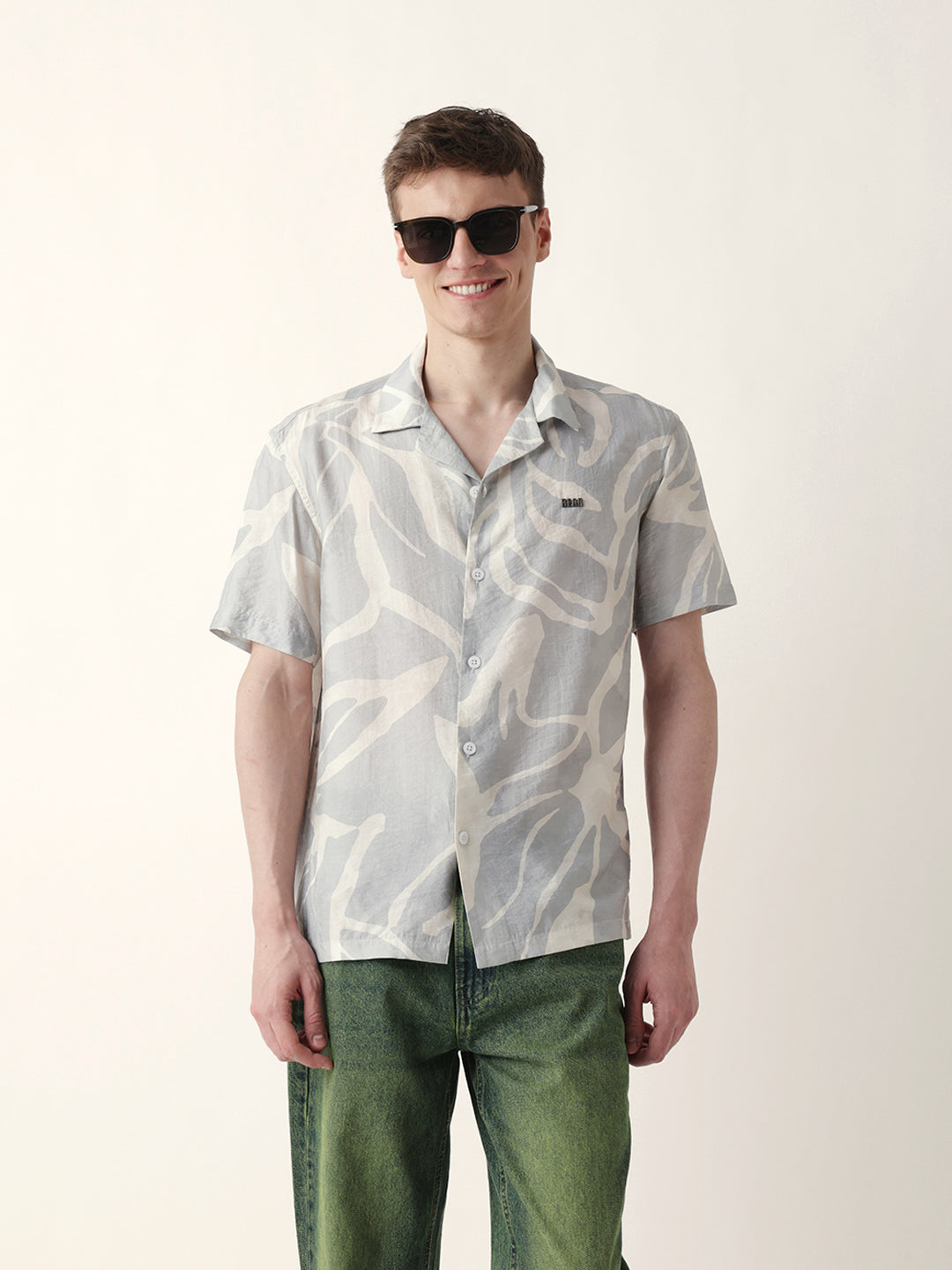 Teal with Cream Relaxed Fit Abstract Stroke Print Half Sleeve Casual Shirt