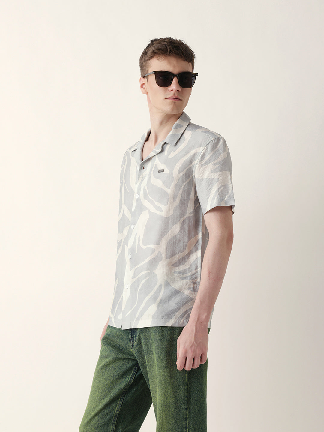 Teal with Cream Relaxed Fit Abstract Stroke Print Half Sleeve Casual Shirt