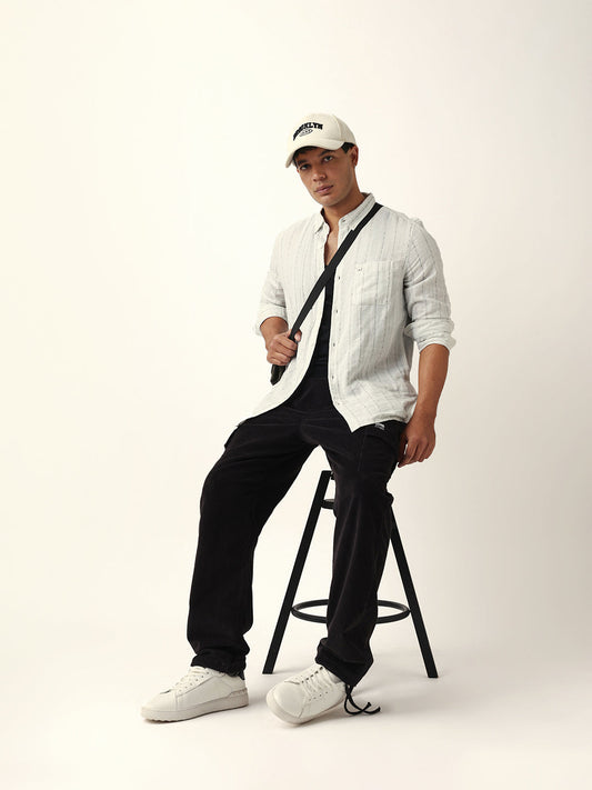 Light Green & White Vertical Striped Slim-Fit Casual Shirt with Textured Stitch Detailing