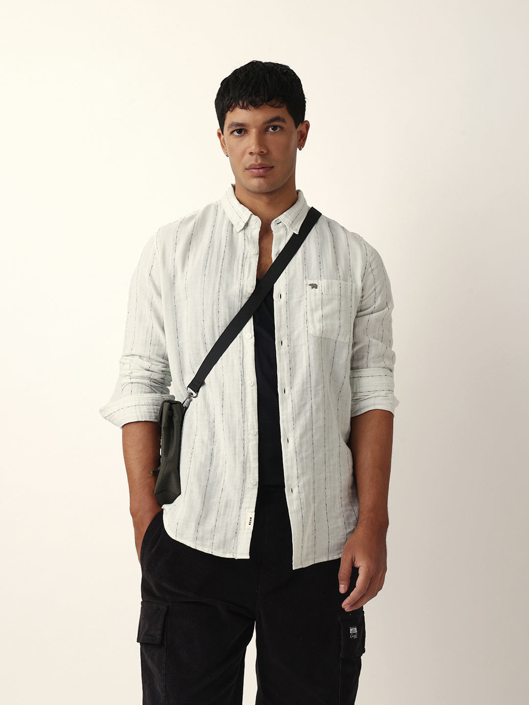 Light Green & White Vertical Striped Slim-Fit Casual Shirt with Textured Stitch Detailing
