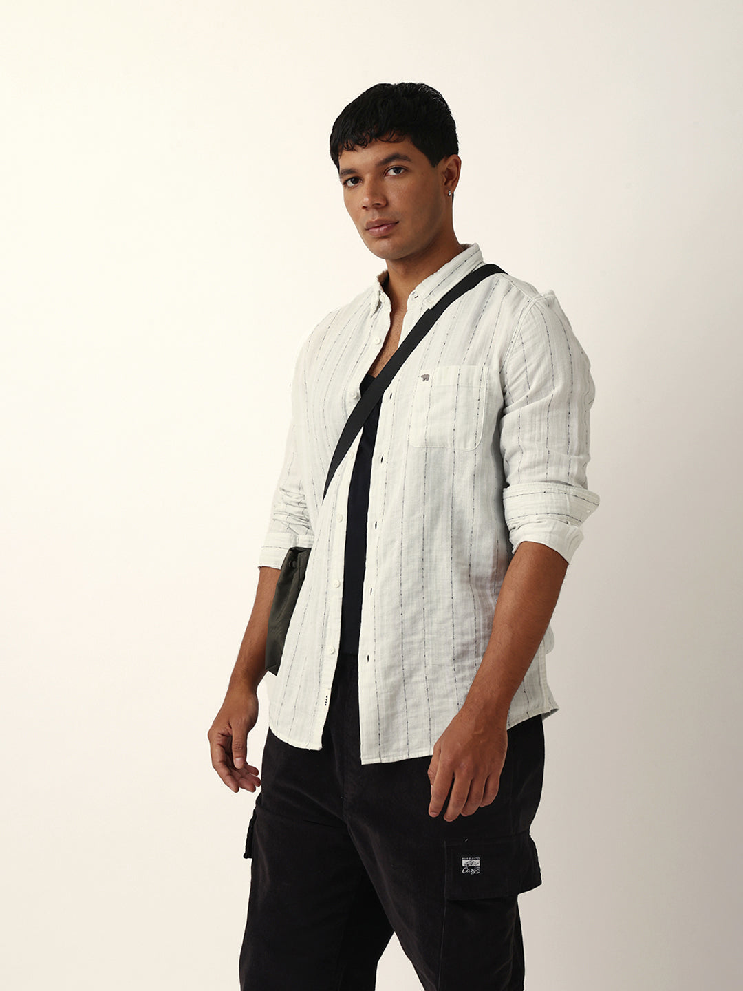 Light Green & White Vertical Striped Slim-Fit Casual Shirt with Textured Stitch Detailing