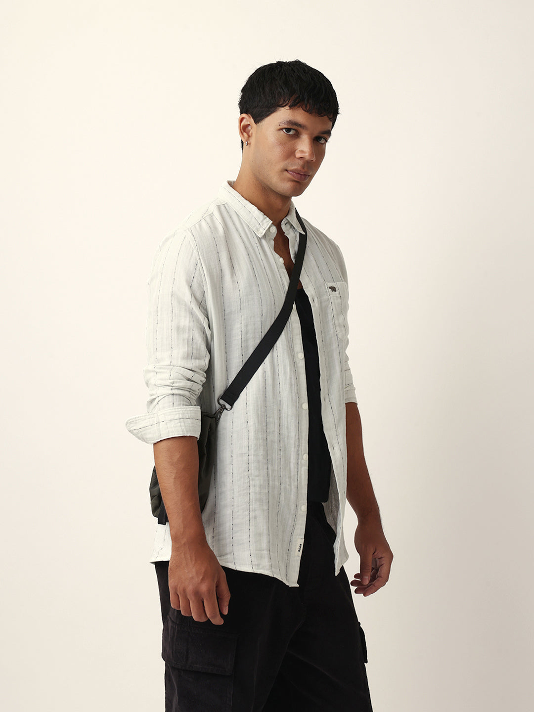 Light Green & White Vertical Striped Slim-Fit Casual Shirt with Textured Stitch Detailing