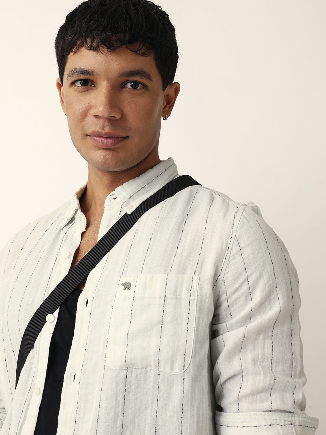 Light Green & White Vertical Striped Slim-Fit Casual Shirt with Textured Stitch Detailing