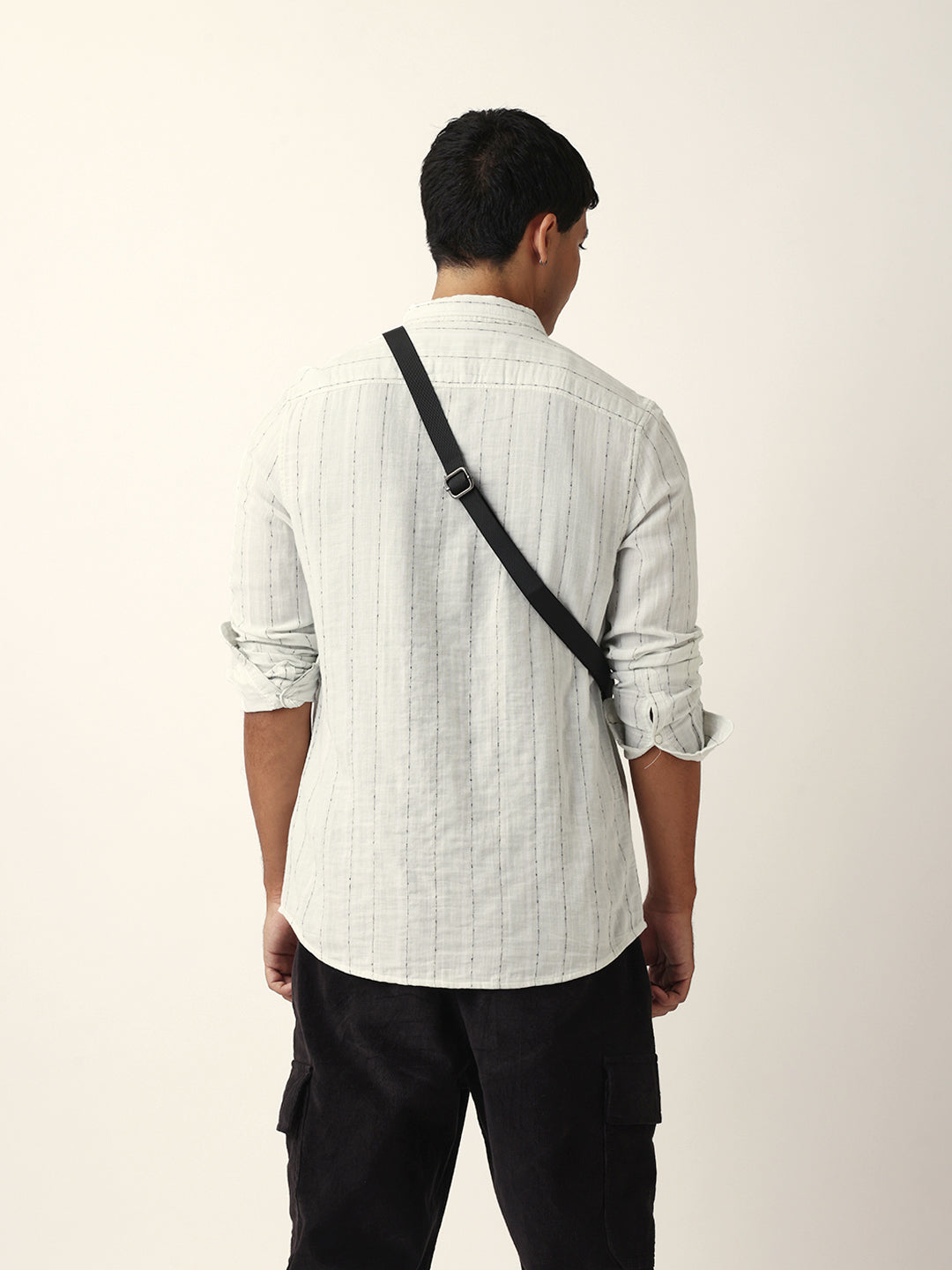 Light Green & White Vertical Striped Slim-Fit Casual Shirt with Textured Stitch Detailing