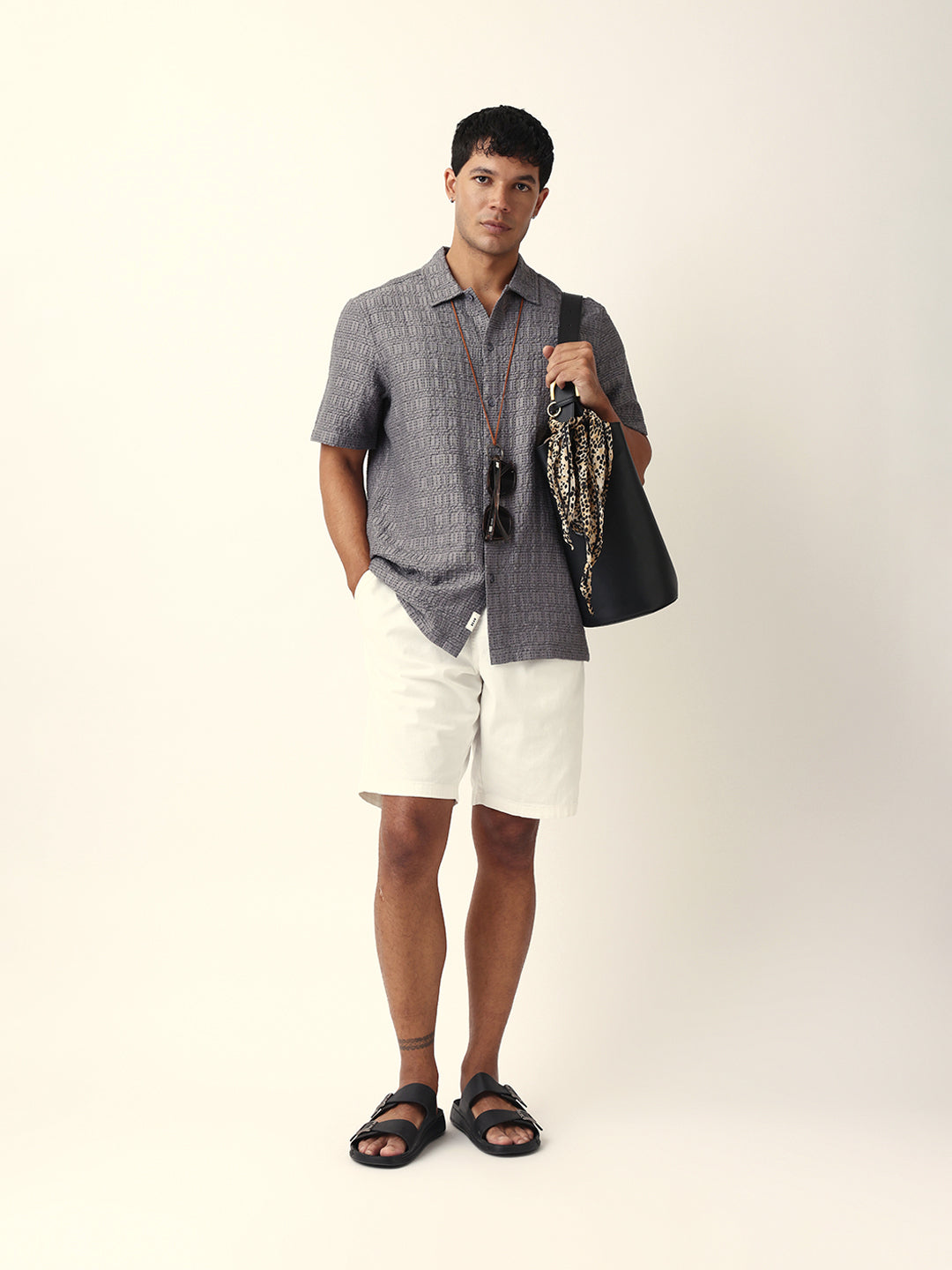 Grey Textured Geometric Relaxed Fit Casual Half Sleeve Shirt