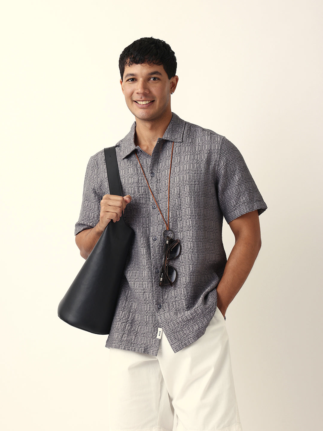 Grey Textured Geometric Relaxed Fit Casual Half Sleeve Shirt