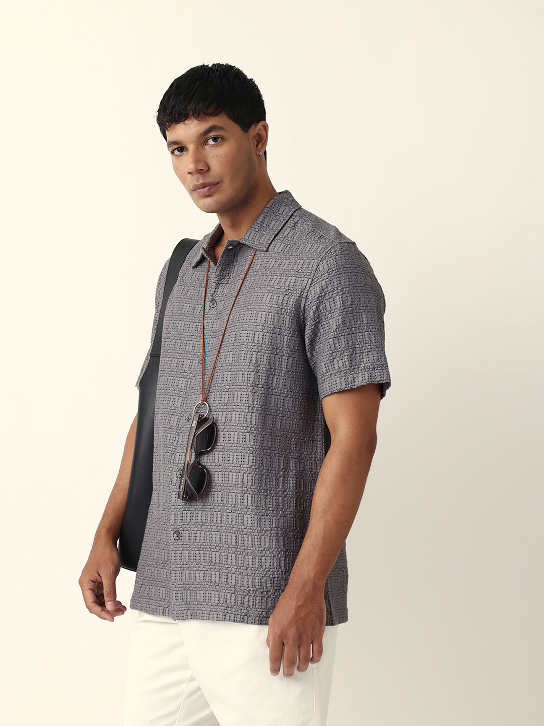 Grey Textured Geometric Relaxed Fit Casual Half Sleeve Shirt