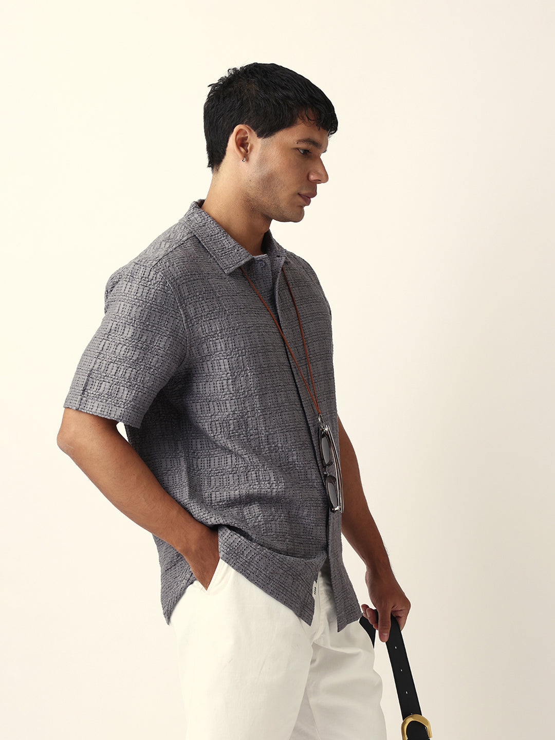 Grey Textured Geometric Relaxed Fit Casual Half Sleeve Shirt
