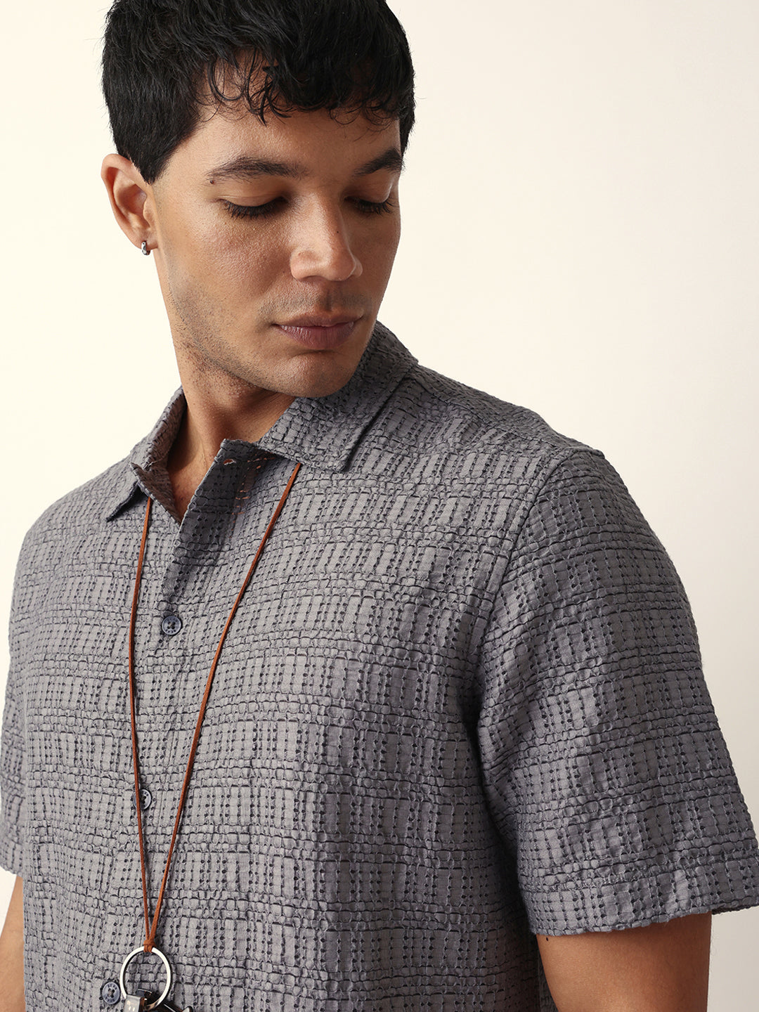Grey Textured Geometric Relaxed Fit Casual Half Sleeve Shirt