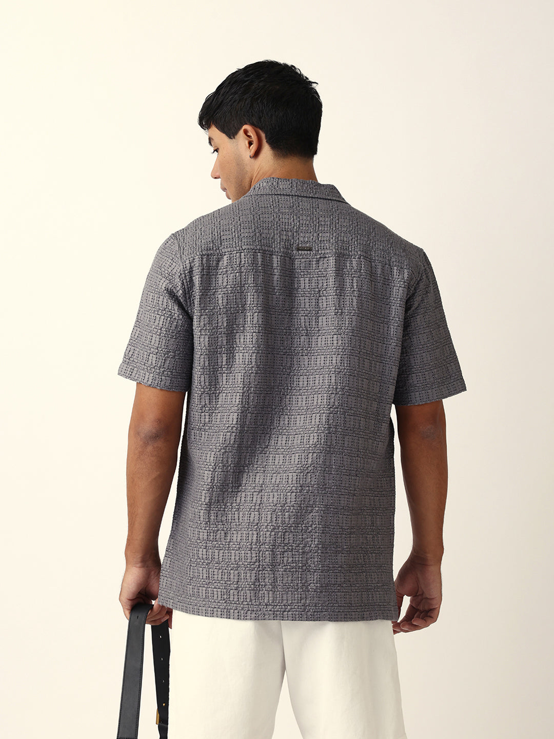 Grey Textured Geometric Relaxed Fit Casual Half Sleeve Shirt