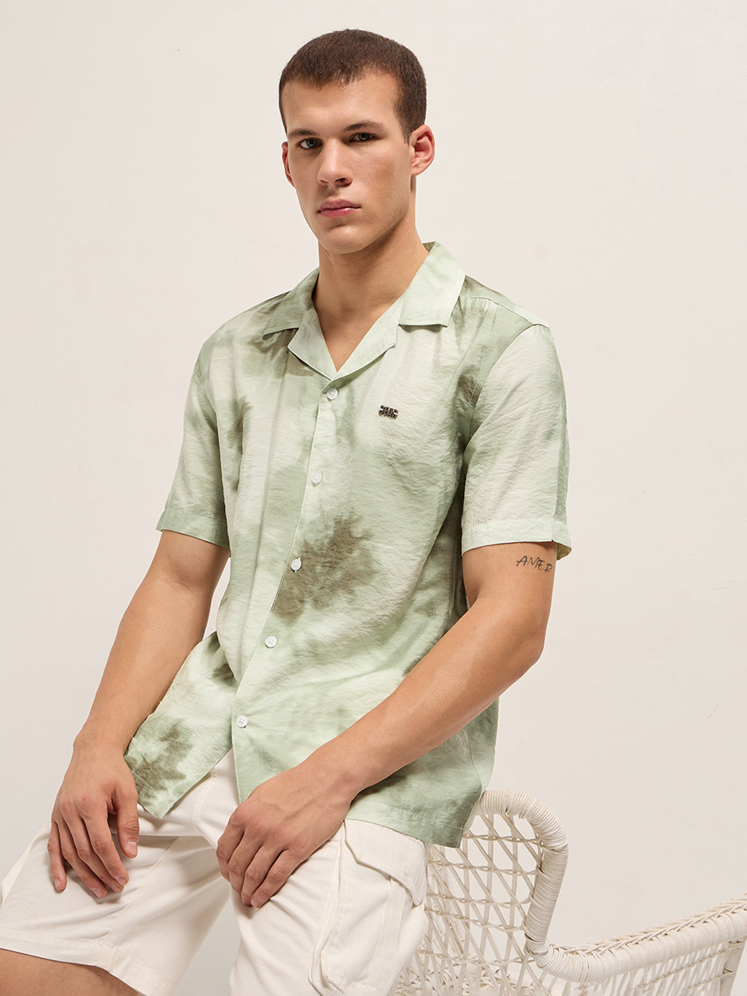Light Green Faded Abstract Print Relaxed Fit Cuban Collar Shirt
