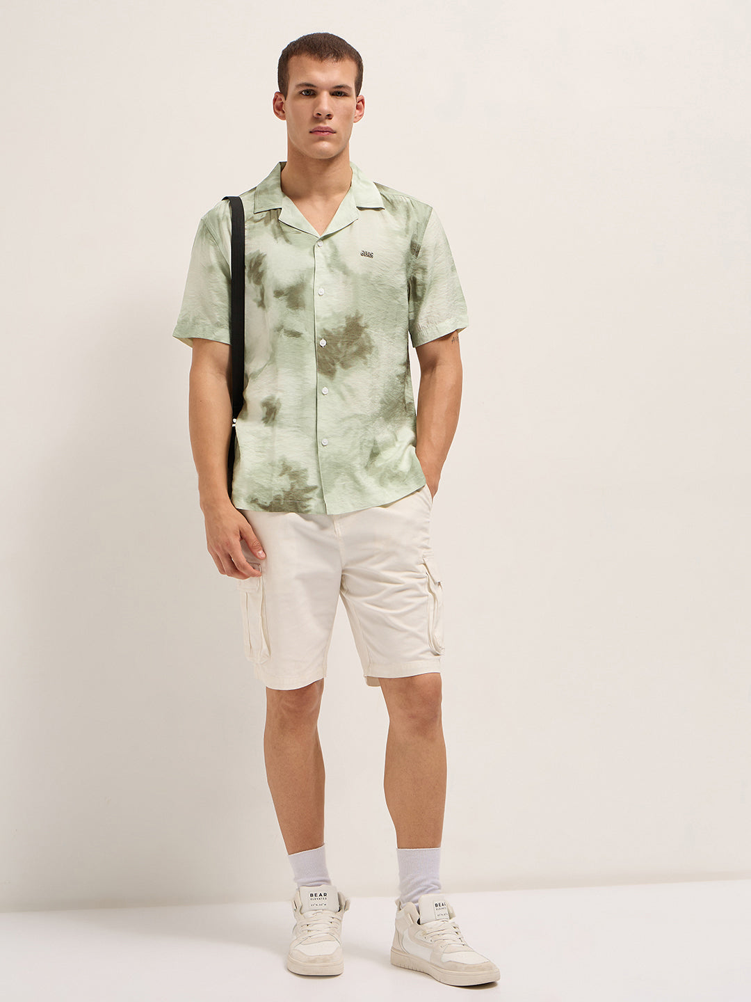 Light Green Faded Abstract Print Relaxed Fit Cuban Collar Shirt