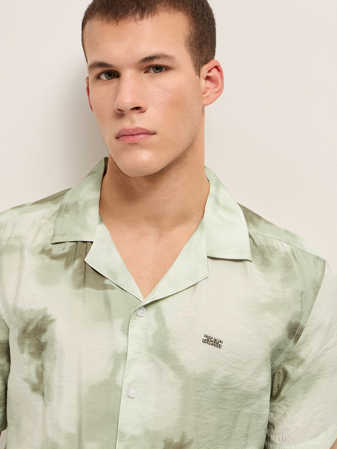 Light Green Faded Abstract Print Relaxed Fit Cuban Collar Shirt