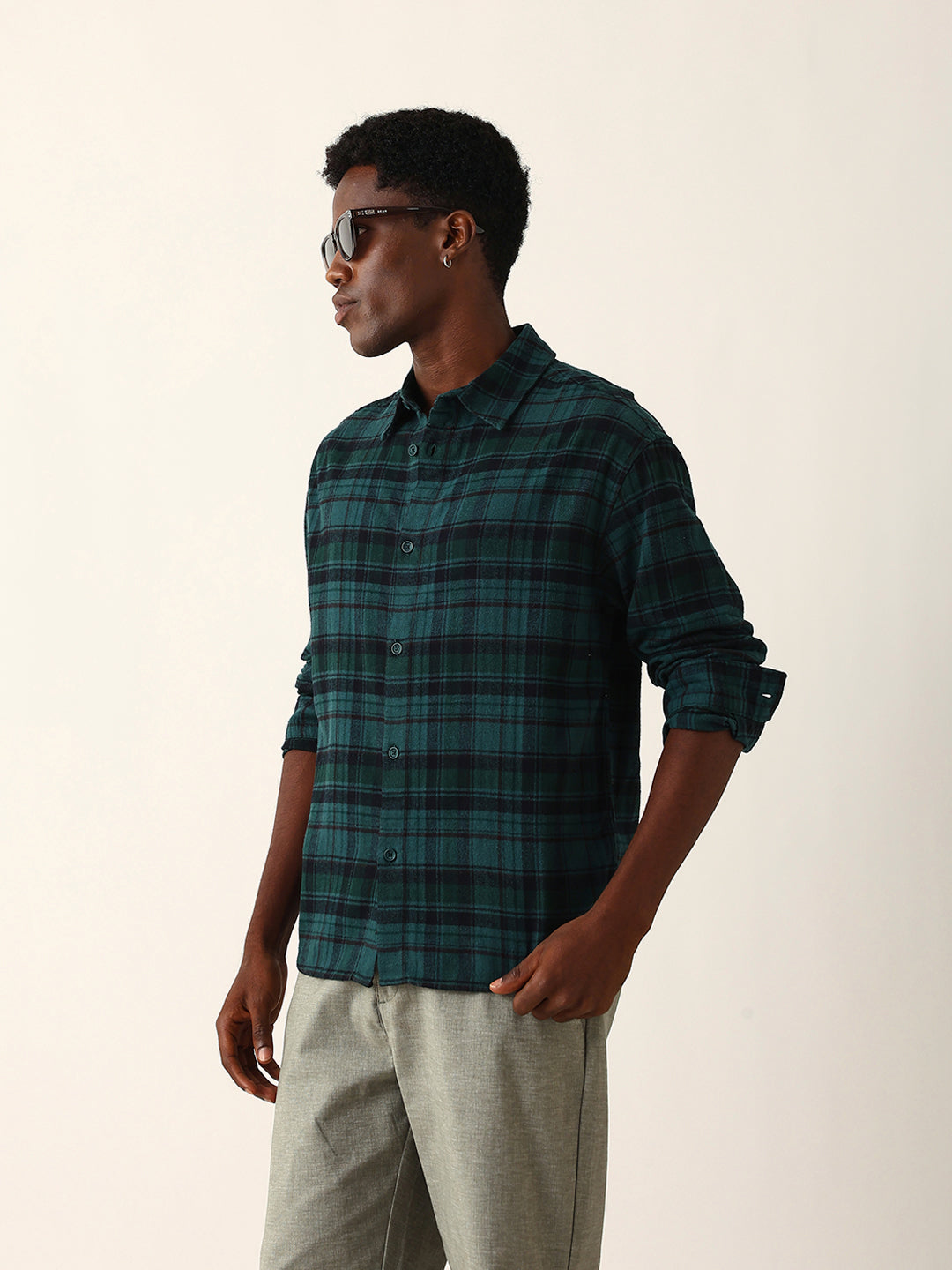 Green Woven Checked Relaxed Fit Overshirt