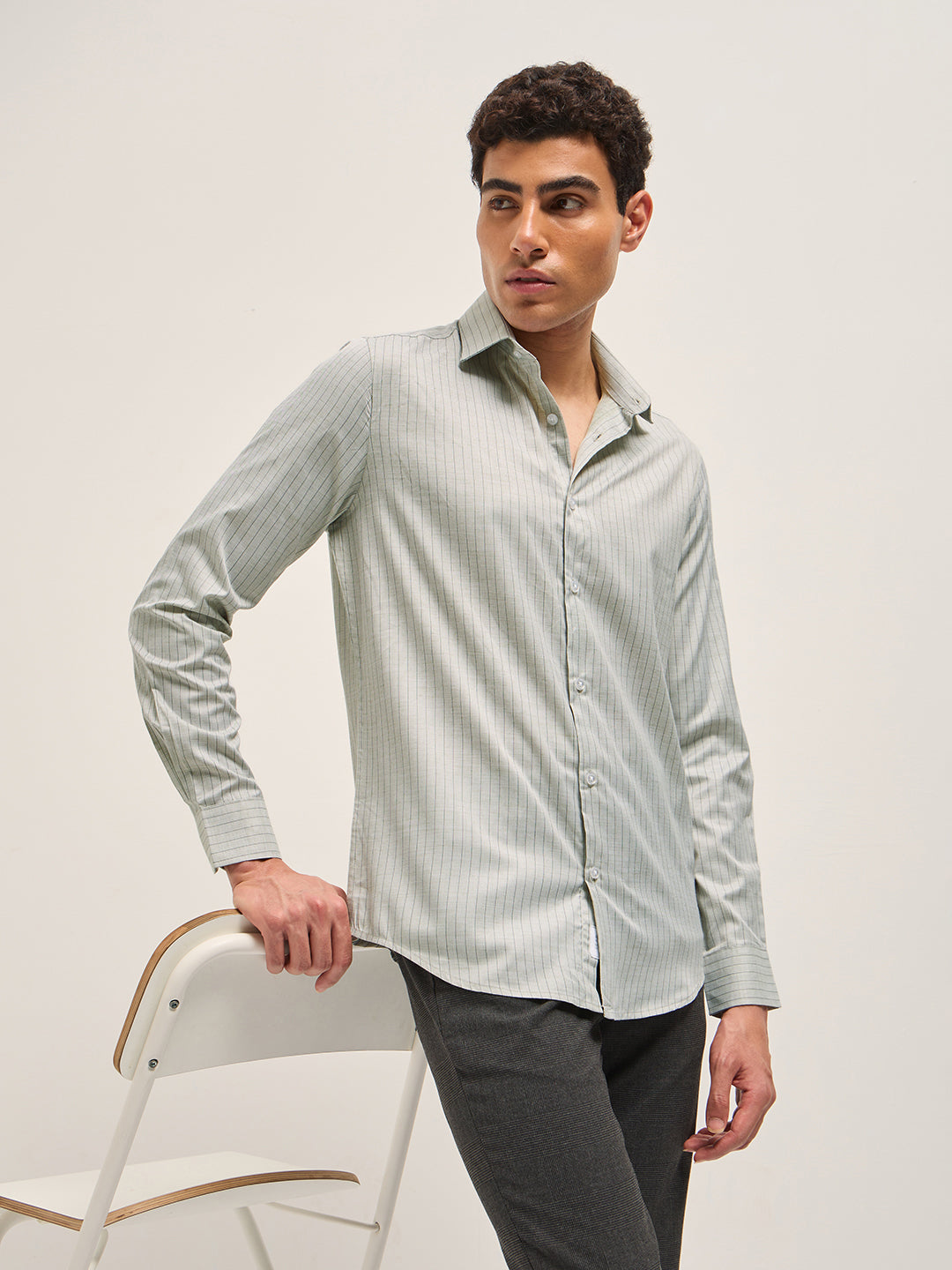 Light Green Vertical Striped Tailored Fit Formal Shirt