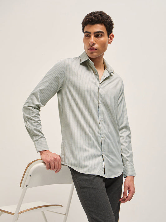 Light Green Vertical Striped Tailored Fit Formal Shirt