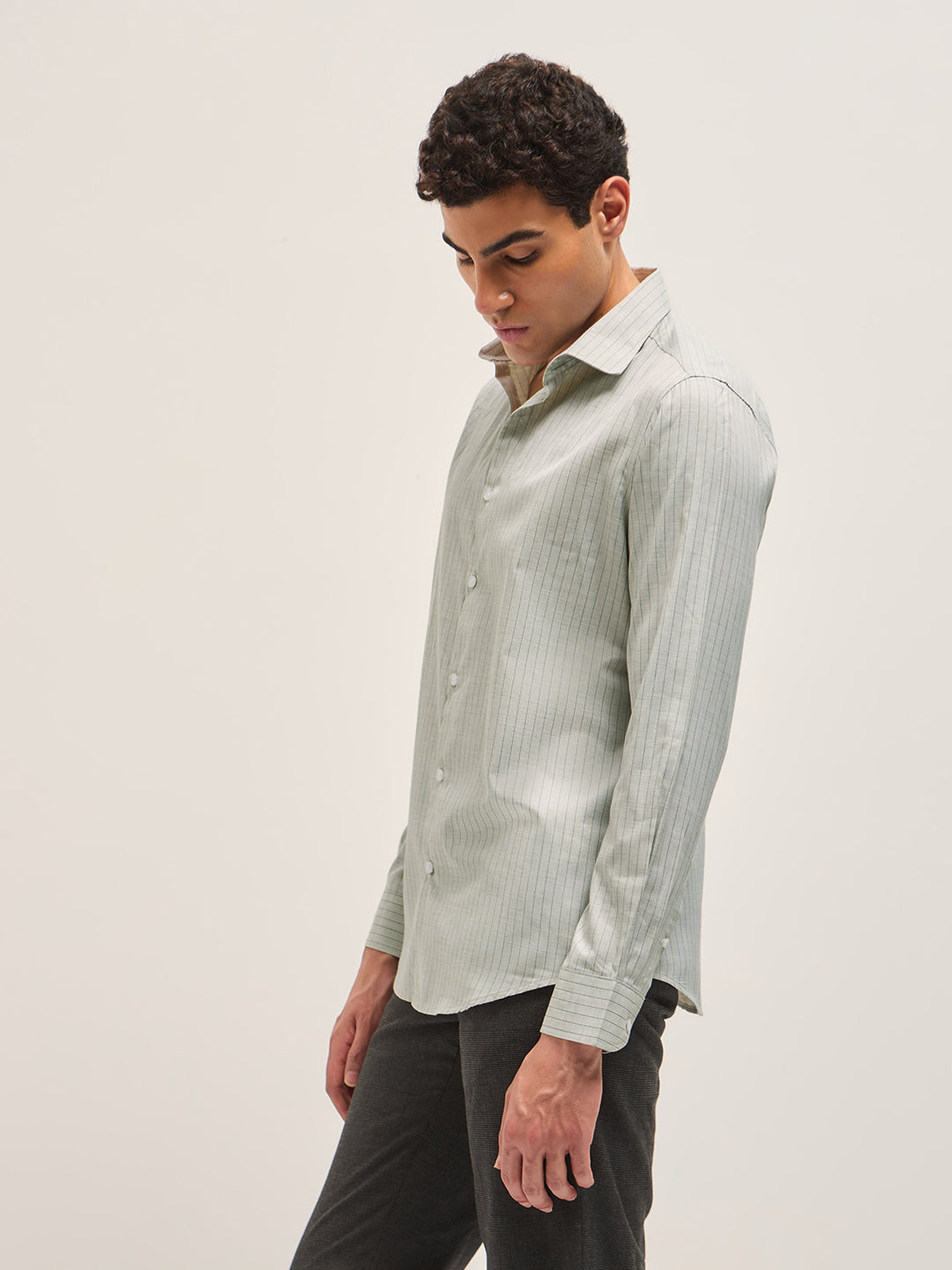 Light Green Vertical Striped Tailored Fit Formal Shirt