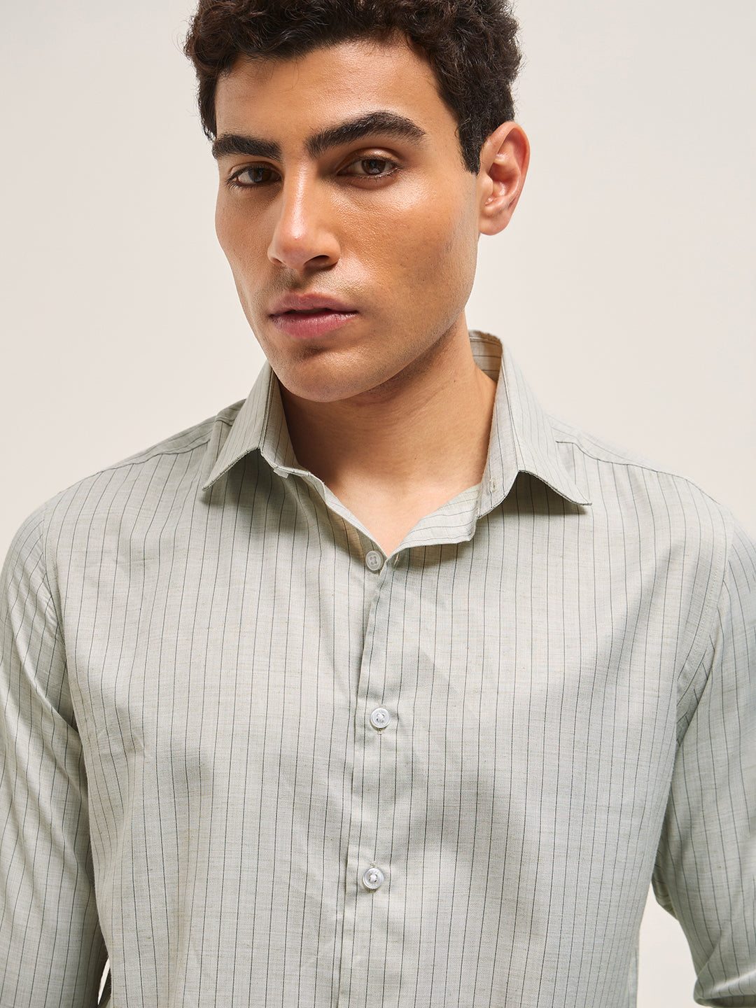 Light Green Vertical Striped Tailored Fit Formal Shirt