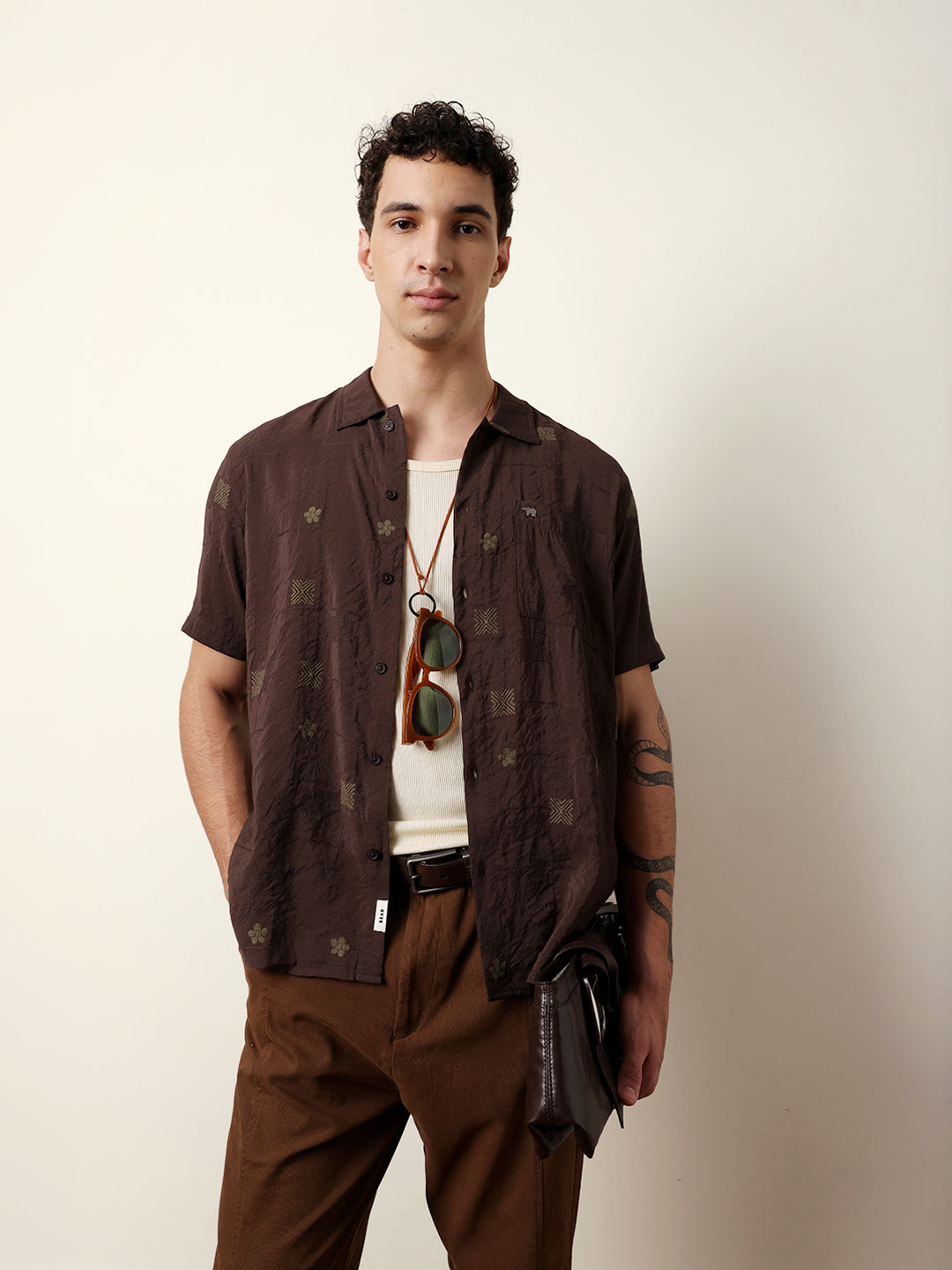 Brown Embroidered Motif Regular Fit Casual Shirt