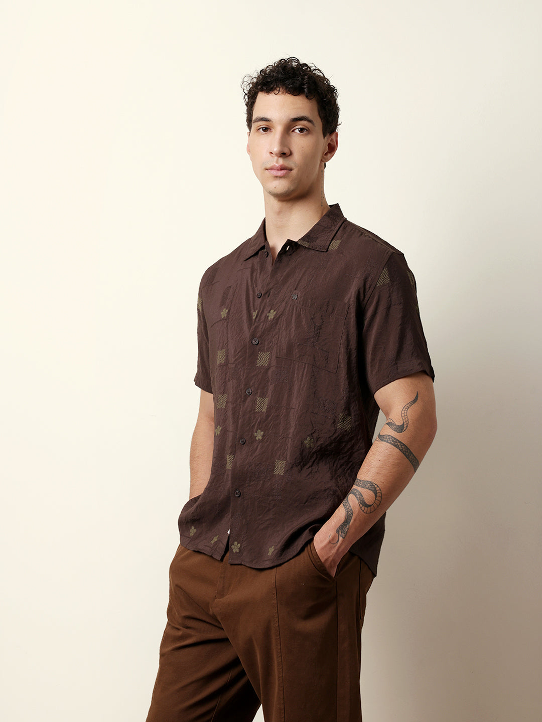 Brown Embroidered Motif Regular Fit Casual Shirt