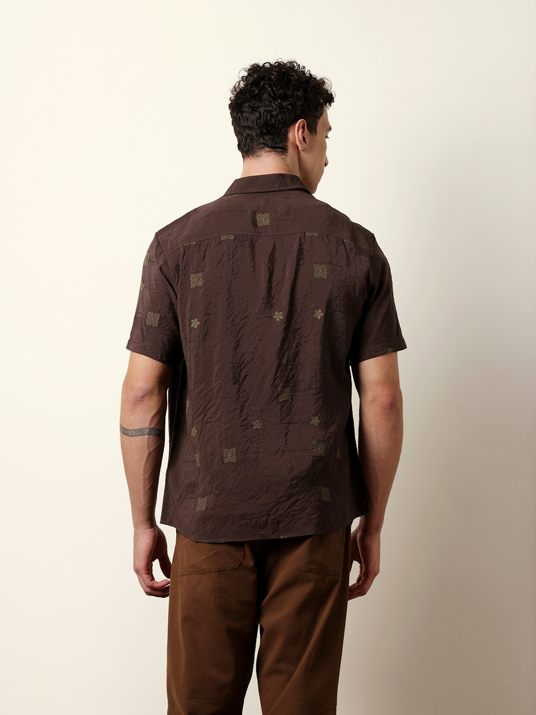 Brown Embroidered Motif Regular Fit Casual Shirt