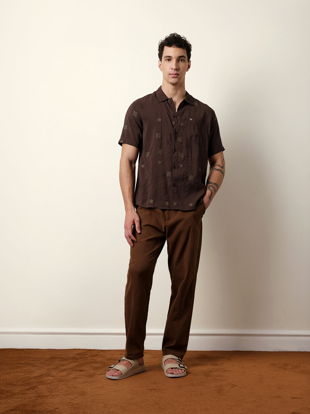 Brown Embroidered Motif Regular Fit Casual Shirt