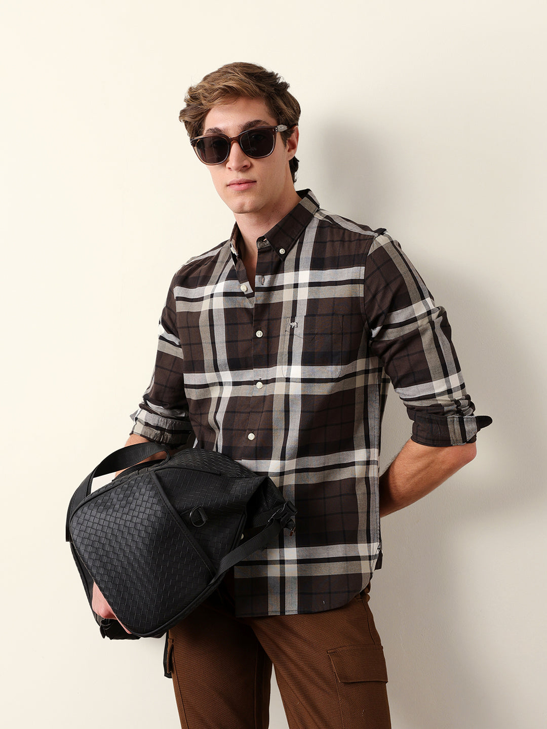 Brown Woven Checkered Slim Fit Casual Shirt
