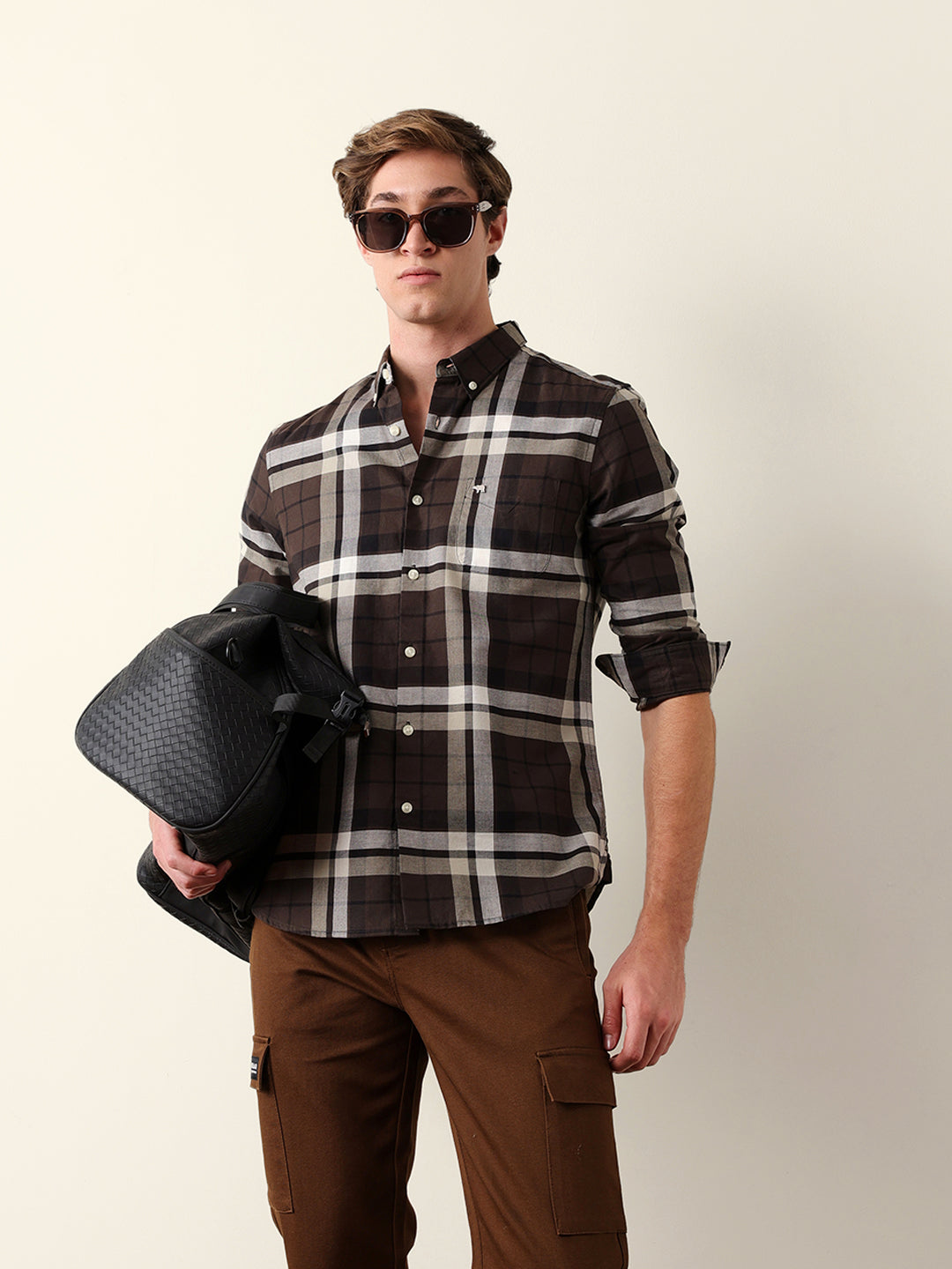 Brown Woven Checkered Slim Fit Casual Shirt